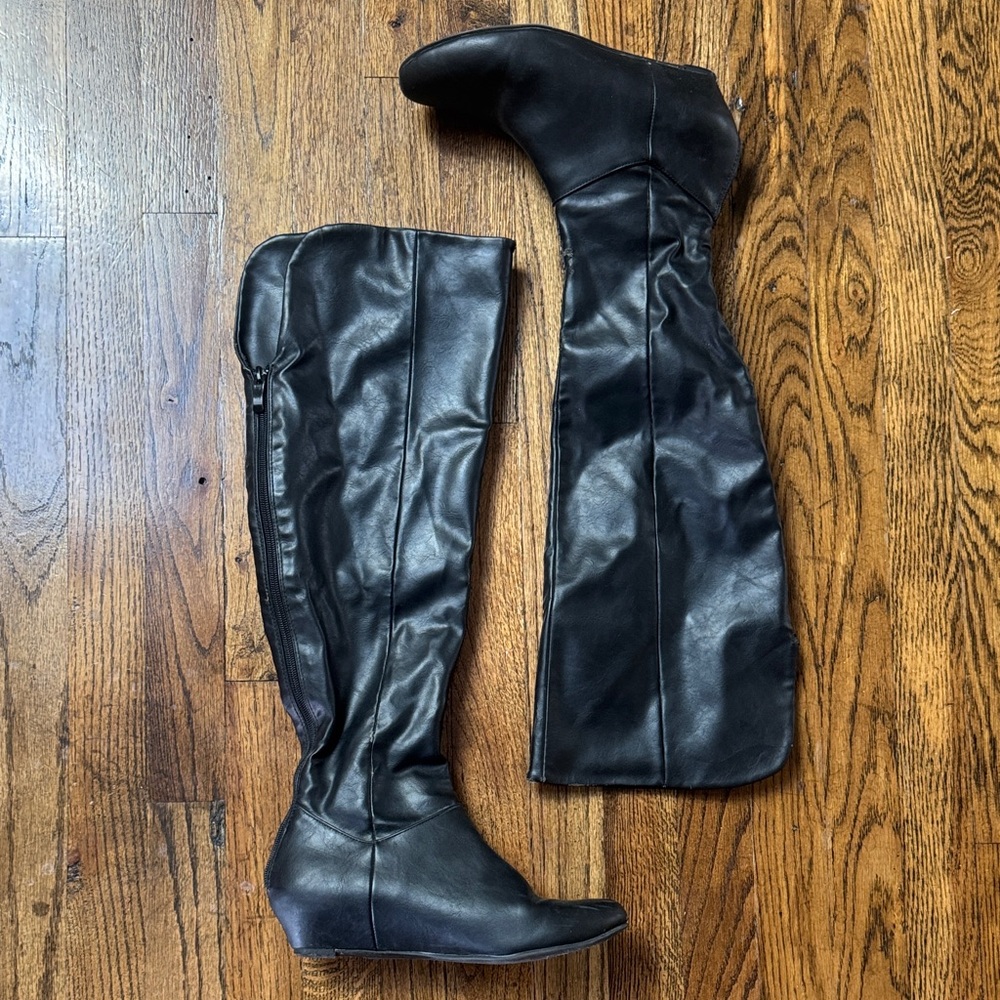 Black Over the Knee Leather Look Boots Hidden Wedge